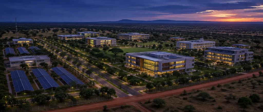 Illustrative view of a low-rise technology campus in the Sierra Leone savannah at dusk