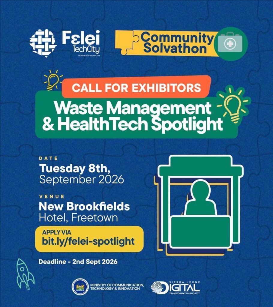 Community Solvathon poster: Waste Management and HealthTech Spotlight, 8 September 2026, New Brookfields Hotel, Freetown